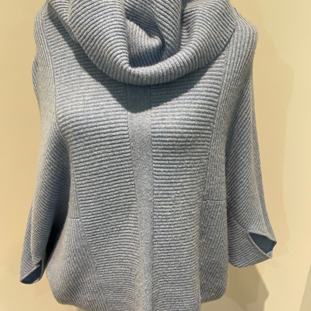100% Cashmere Cowl Neck Ribbed Knit Poncho Sweater - Light Blue - Picture 3 of 6